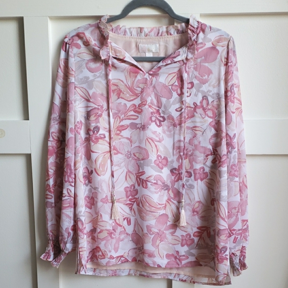 Belle by Kim Gravel Pink White Floral Blouse Sz XS